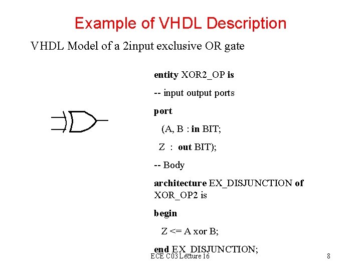 Example of VHDL Description VHDL Model of a 2 input exclusive OR gate entity Example of VHDL Description VHDL Model of a 2 input exclusive OR gate entity