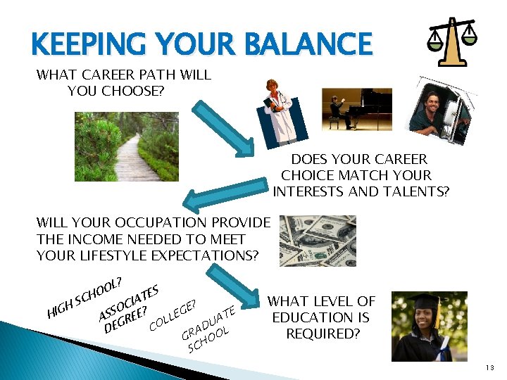 KEEPING YOUR BALANCE WHAT CAREER PATH WILL YOU CHOOSE? DOES YOUR CAREER CHOICE MATCH