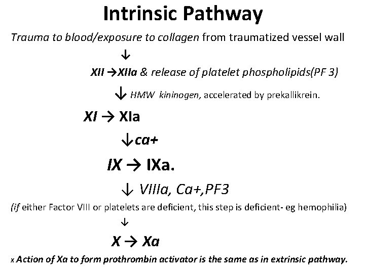 Intrinsic Pathway Trauma to blood/exposure to collagen from traumatized vessel wall ↓ XII →XIIa