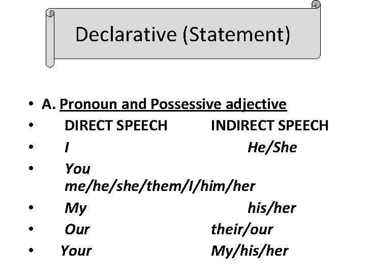 Declarative (Statement) • A. Pronoun and Possessive adjective • DIRECT SPEECH INDIRECT SPEECH •