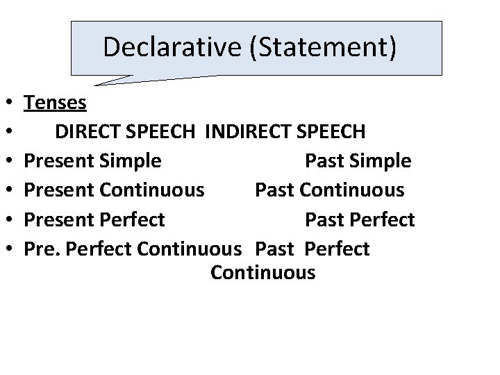 Declarative (Statement) • • • Tenses DIRECT SPEECH INDIRECT SPEECH Present Simple Past Simple