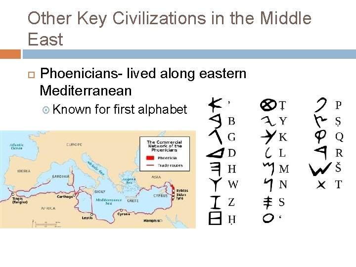 Other Key Civilizations in the Middle East Phoenicians- lived along eastern Mediterranean Known for