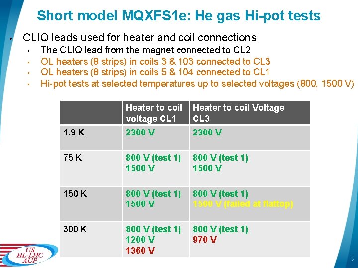 Short model MQXFS 1 e: He gas Hi-pot tests • CLIQ leads used for