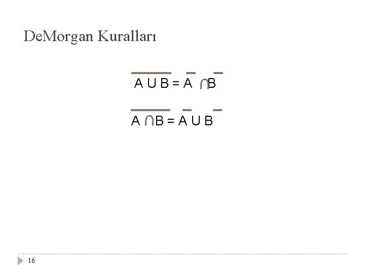 De. Morgan Kuralları 16 U AUB=A B B=AUB 