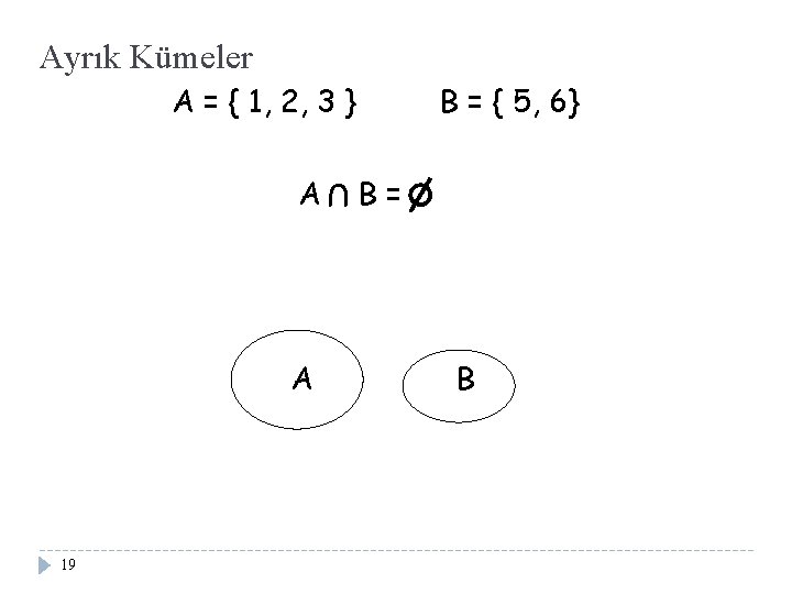 Ayrık Kümeler A = { 1, 2, 3 } A 19 U A B