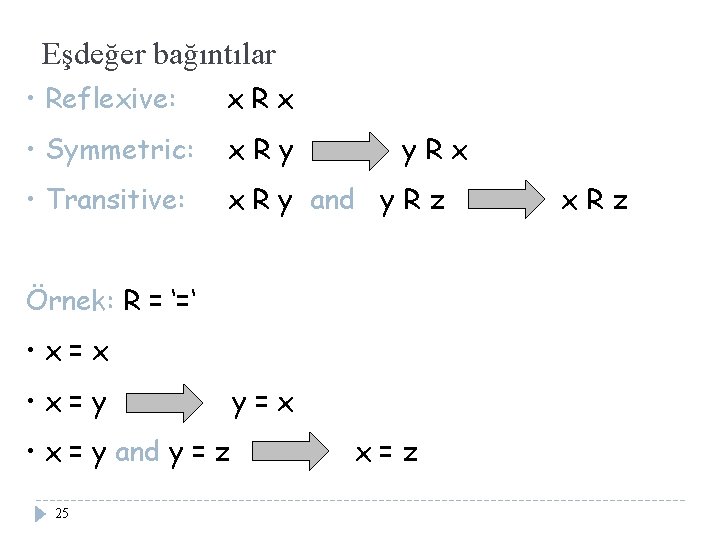 Eşdeğer bağıntılar • Reflexive: x. Rx • Symmetric: x. Ry • Transitive: x R