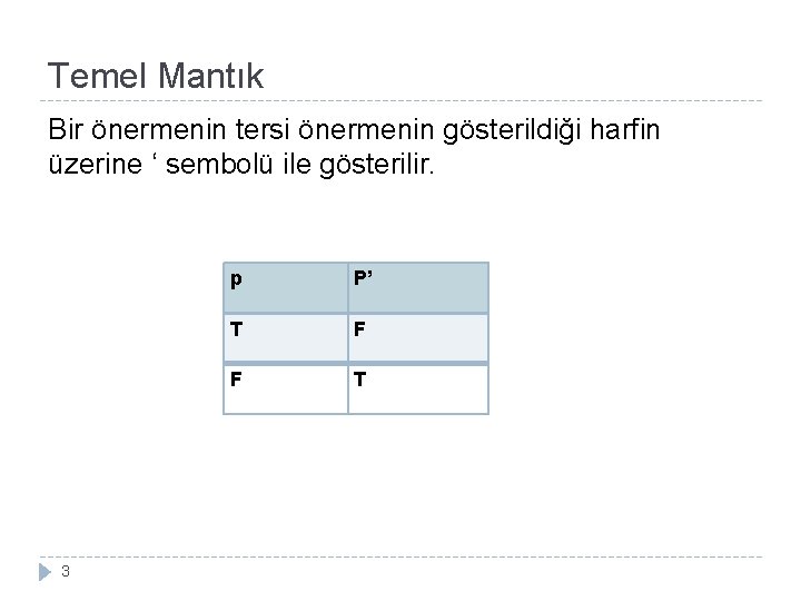 Temel Mantık Bir önermenin tersi önermenin gösterildiği harfin üzerine ‘ sembolü ile gösterilir. 3