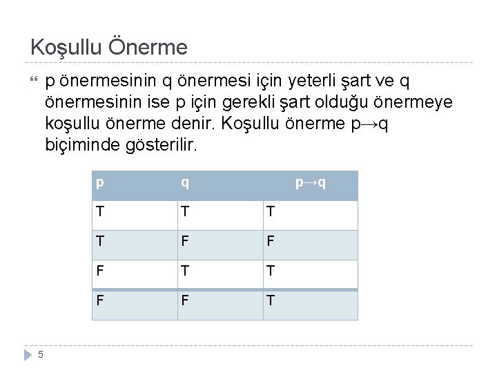 Koşullu Önerme p önermesinin q önermesi için yeterli şart ve q önermesinin ise p