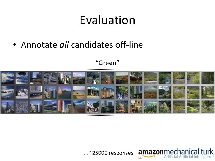 Evaluation • Annotate all candidates off-line “Green” … ~25000 responses 