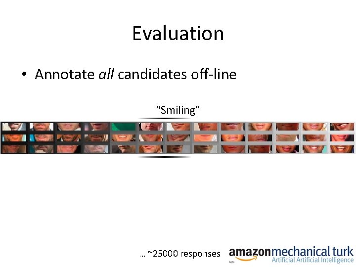 Evaluation • Annotate all candidates off-line “Smiling” … ~25000 responses 