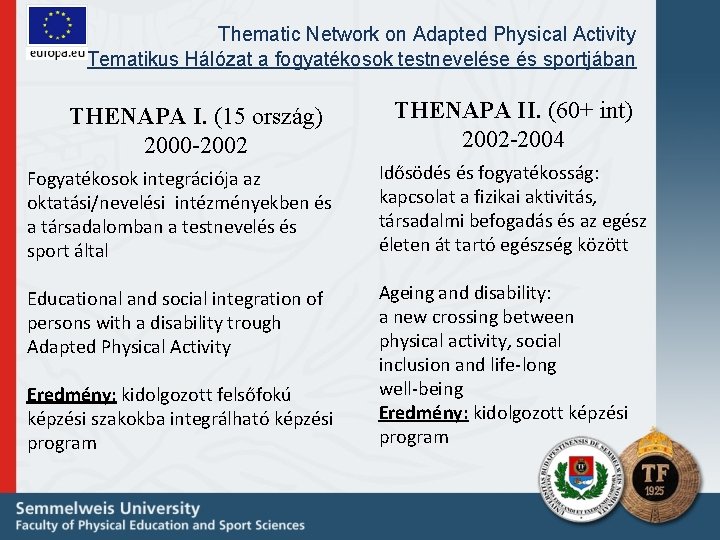 Thematic Network on Adapted Physical Activity Tematikus Hálózat a fogyatékosok testnevelése és sportjában THENAPA