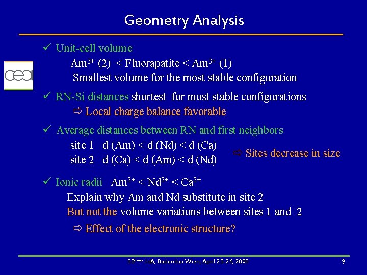 Geometry Analysis ü Unit-cell volume Am 3+ (2) < Fluorapatite < Am 3+ (1)