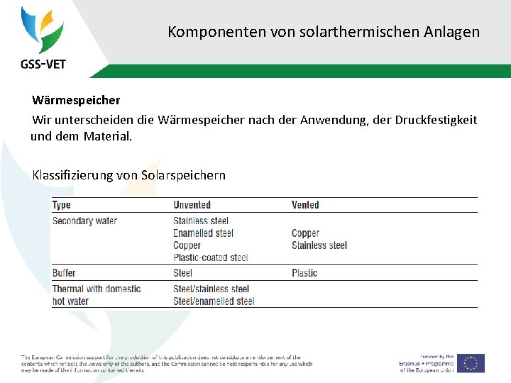 Komponenten von solarthermischen Anlagen Wärmespeicher Wir unterscheiden die Wärmespeicher nach der Anwendung, der Druckfestigkeit