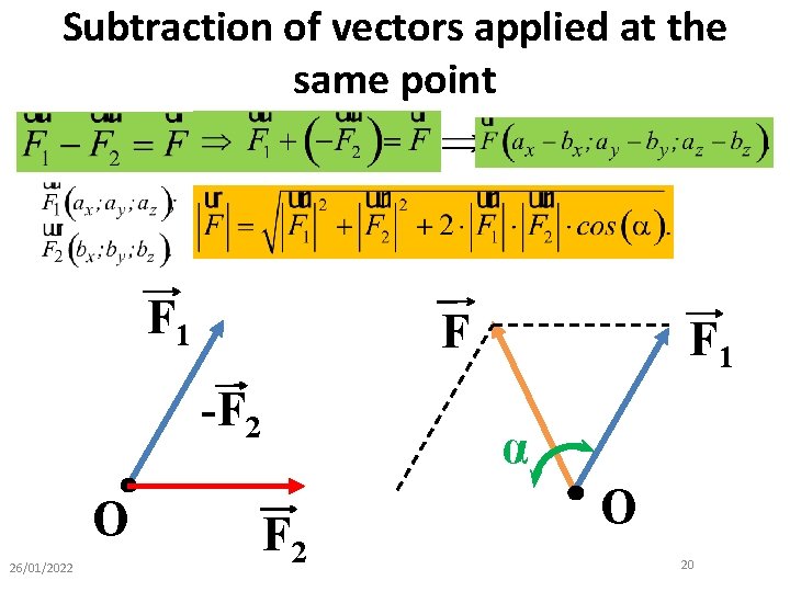 Subtraction of vectors applied at the same point F 1 F -F 2 O