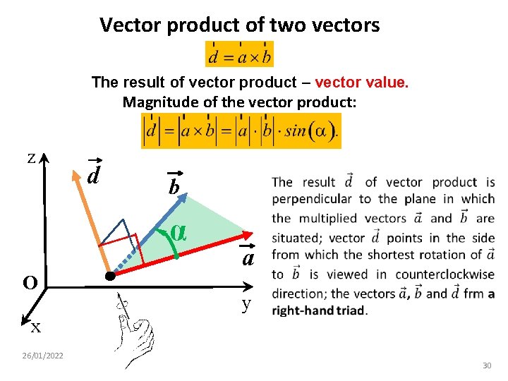 Vector product of two vectors The result of vector product – vector value. Magnitude