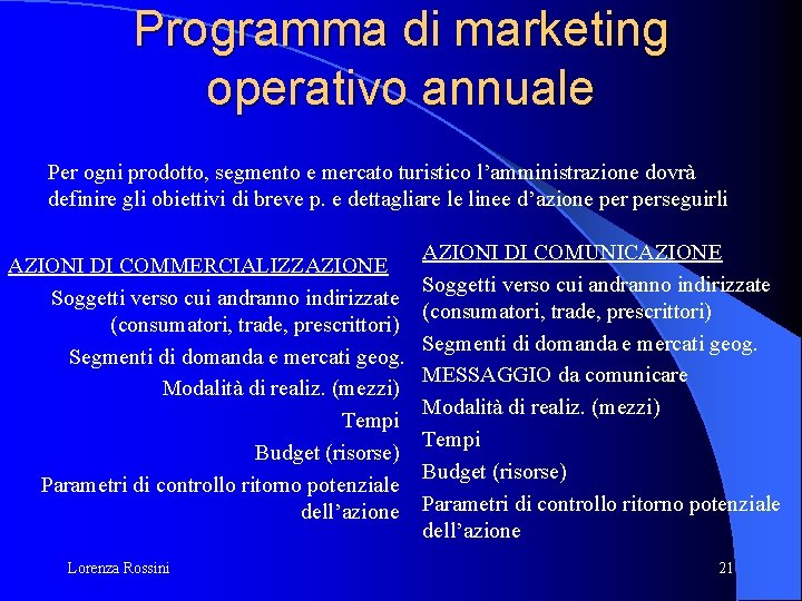 Programma di marketing operativo annuale Per ogni prodotto, segmento e mercato turistico l’amministrazione dovrà