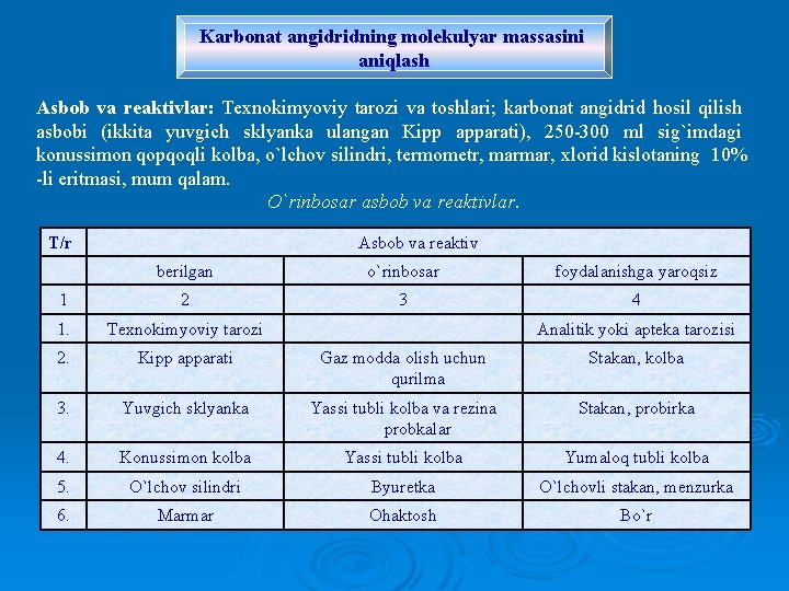 Karbonat angidridning molekulyar massasini aniqlash Asbob va reaktivlar: Texnokimyoviy tarozi va toshlari; karbonat angidrid