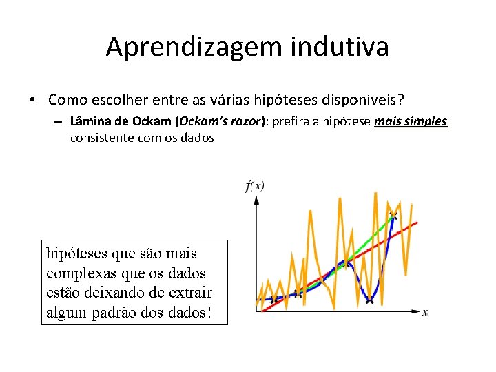 Aprendizagem indutiva • Como escolher entre as várias hipóteses disponíveis? – Lâmina de Ockam