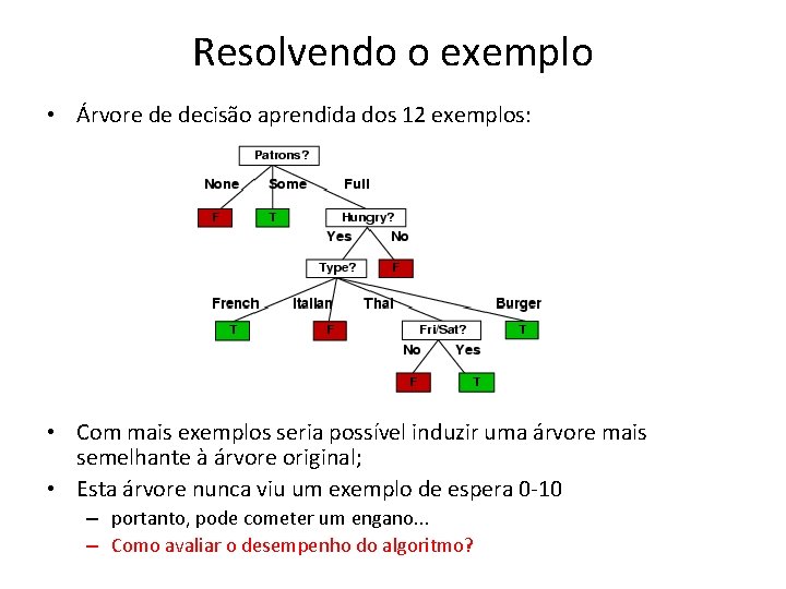 Resolvendo o exemplo • Árvore de decisão aprendida dos 12 exemplos: • Com mais