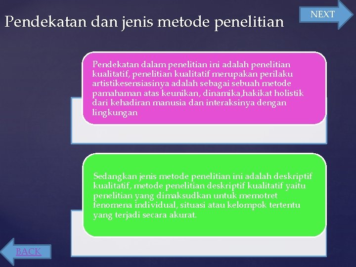 Pendekatan dan jenis metode penelitian NEXT Pendekatan dalam penelitian ini adalah penelitian kualitatif, penelitian