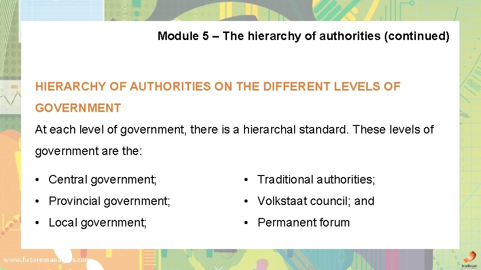 Module 5 – The hierarchy of authorities (continued) HIERARCHY OF AUTHORITIES ON THE DIFFERENT