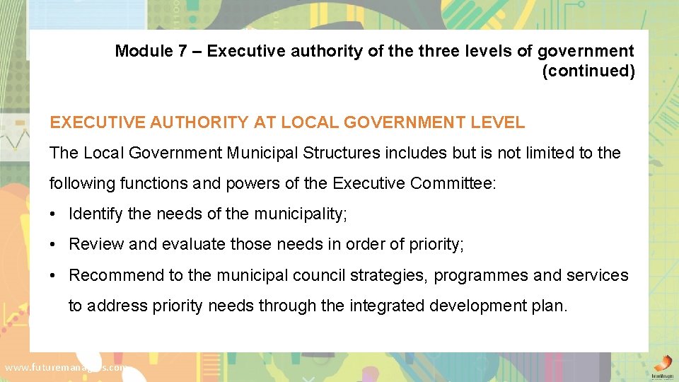 Module 7 – Executive authority of the three levels of government (continued) EXECUTIVE AUTHORITY
