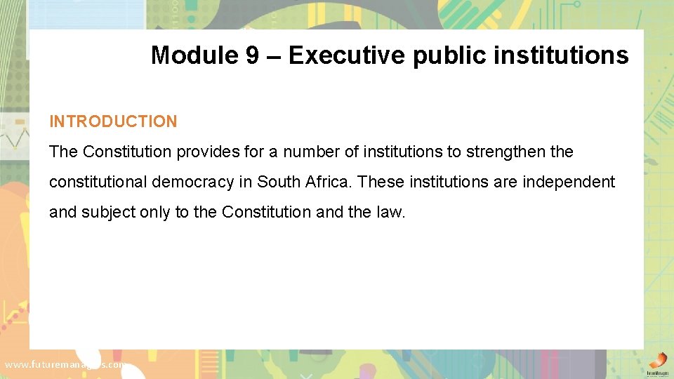Module 9 – Executive public institutions INTRODUCTION The Constitution provides for a number of