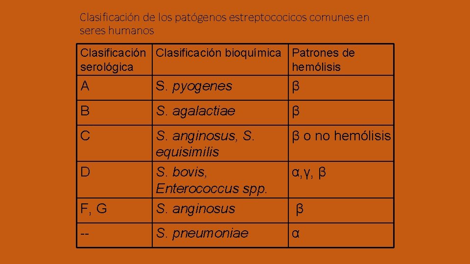 Clasificación de los patógenos estreptococicos comunes en seres humanos Clasificación bioquímica Patrones de serológica