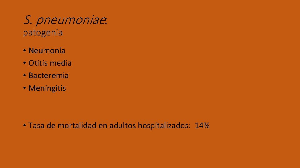 S. pneumoniae: patogenia • Neumonía • Otitis media • Bacteremia • Meningitis • Tasa