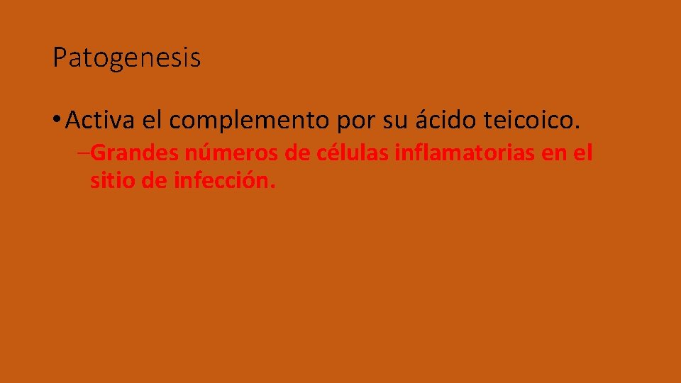 Patogenesis • Activa el complemento por su ácido teicoico. –Grandes números de células inflamatorias