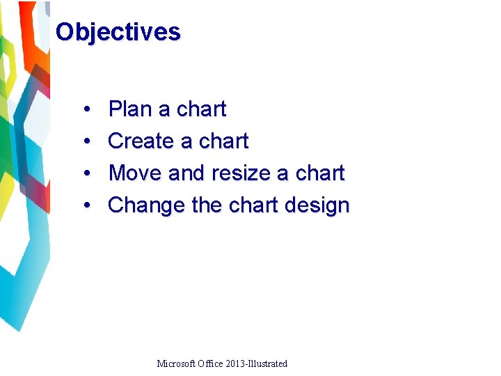 Objectives • • Plan a chart Create a chart Move and resize a chart