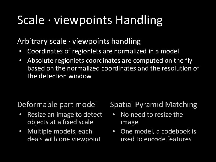 Scale · viewpoints Handling Arbitrary scale · viewpoints handling • Coordinates of regionlets are
