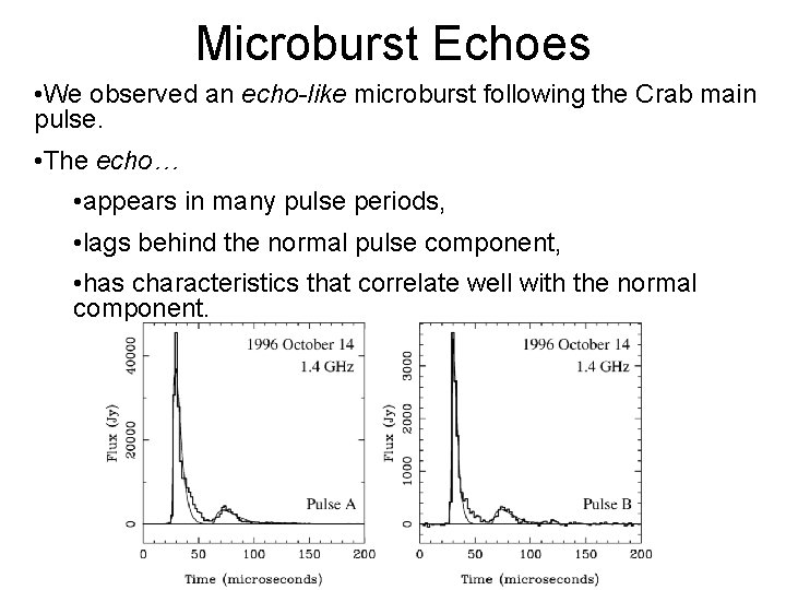 Microburst Echoes • We observed an echo-like microburst following the Crab main pulse. •