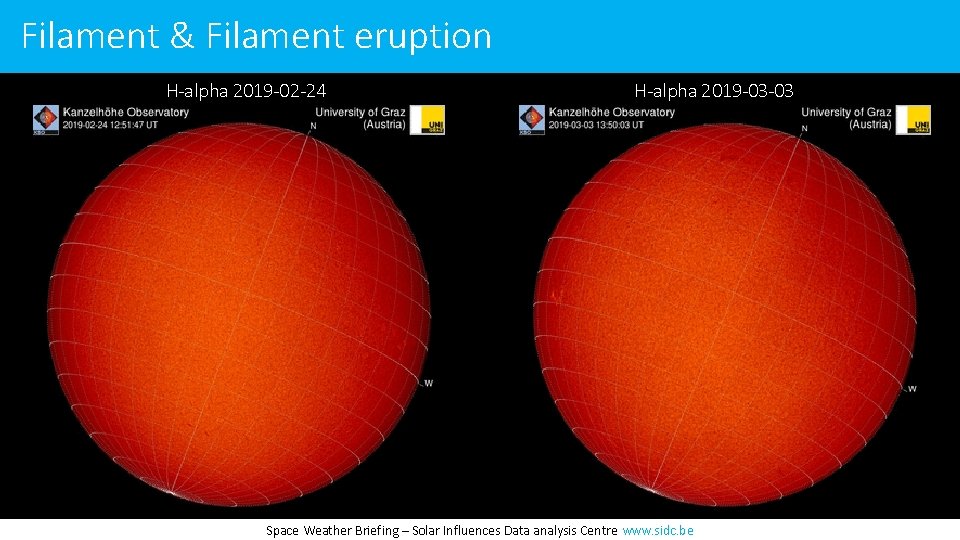 Filament & Filament eruption H-alpha 2019 -02 -24 H-alpha 2019 -03 -03 Space Weather