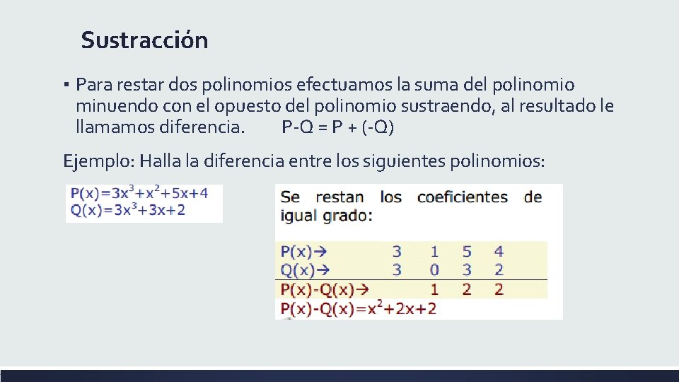 Sustracción ▪ Para restar dos polinomios efectuamos la suma del polinomio minuendo con el