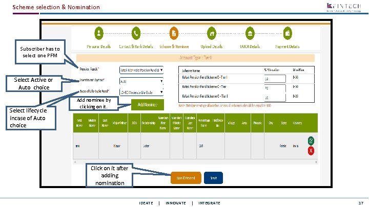 Scheme selection & Nomination Subscriber has to select one PFM Select Active or Auto