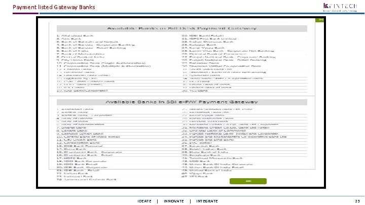 Payment listed Gateway Banks IDEATE | INNOVATE | INTEGRATE 23 