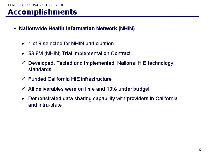 LONG BEACH NETWORK FOR HEALTH Accomplishments § Nationwide Health Information Network (NHIN) ü 1