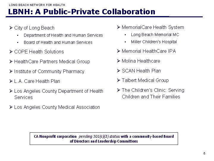 LONG BEACH NETWORK FOR HEALTH LBNH: A Public-Private Collaboration Ø City of Long Beach