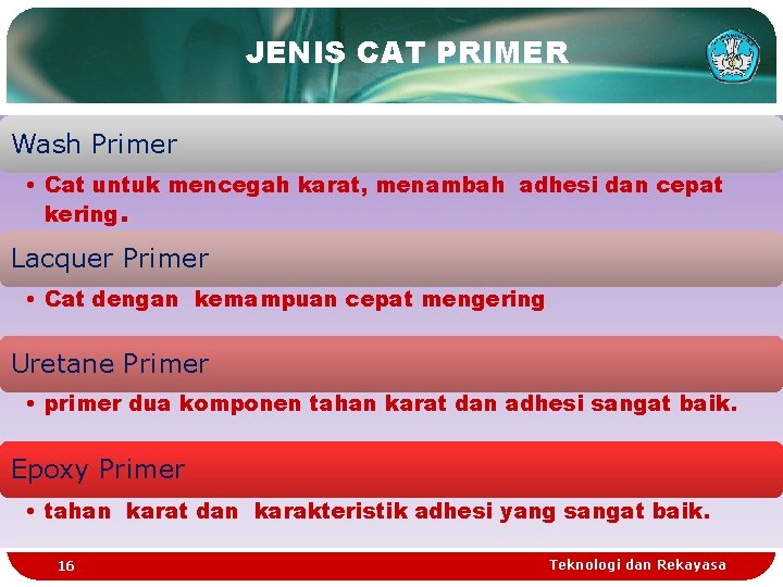 JENIS CAT PRIMER Wash Primer • Cat untuk mencegah karat, menambah adhesi dan cepat