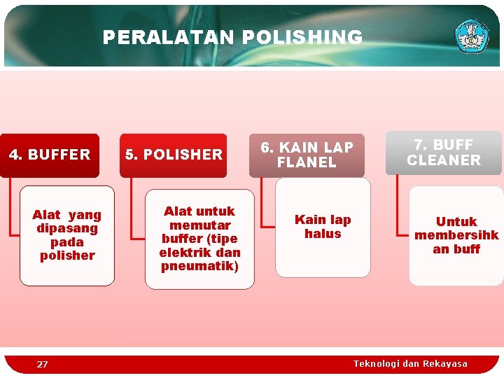 PERALATAN POLISHING 4. BUFFER Alat yang dipasang pada polisher 27 5. POLISHER Alat untuk