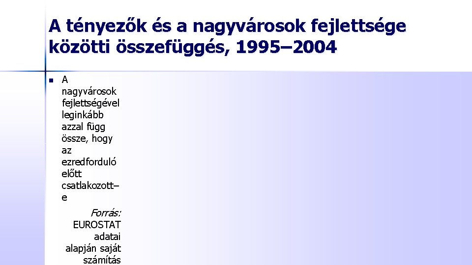 A tényezők és a nagyvárosok fejlettsége közötti összefüggés, 1995– 2004 n A nagyvárosok fejlettségével