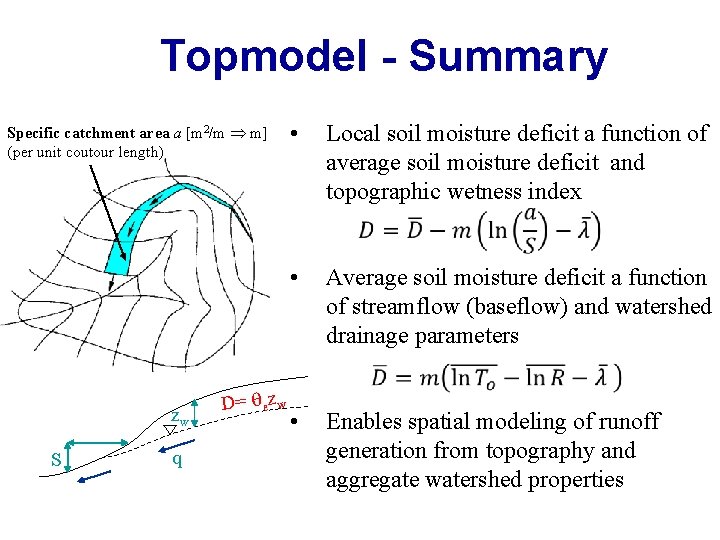 Topmodel - Summary Specific catchment area a [m 2/m m] (per unit coutour length)