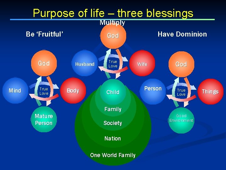 Purpose of life – three blessings Multiply Be ‘Fruitful’ God Mind True Love Mature