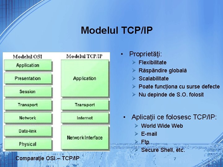 Modelul TCP/IP • Proprietăţi: Ø Ø Ø Flexibilitate Răspândire globală Scalabilitate Poate funcţiona cu