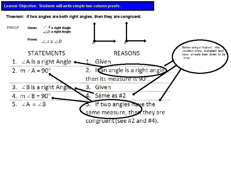 Learner Objective: Students will write simple two-column proofs. Theorem: If two angles are both