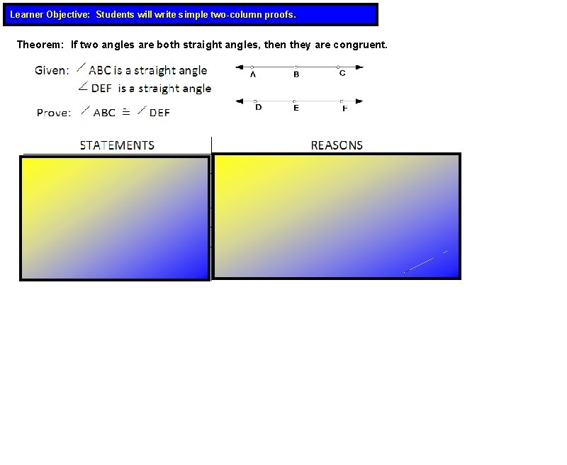 Learner Objective: Students will write simple two-column proofs. Theorem: If two angles are both