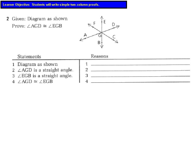 Learner Objective: Students will write simple two-column proofs. 