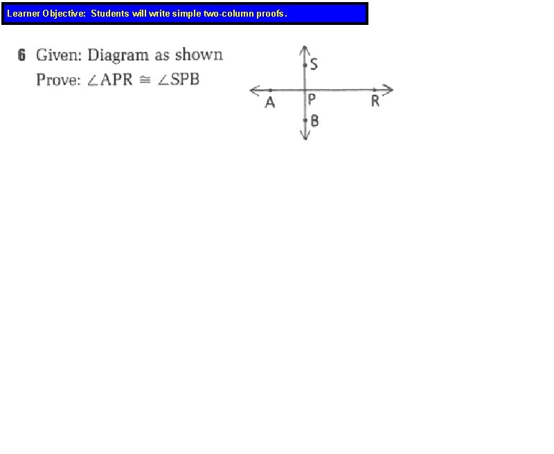 Learner Objective: Students will write simple two-column proofs. 