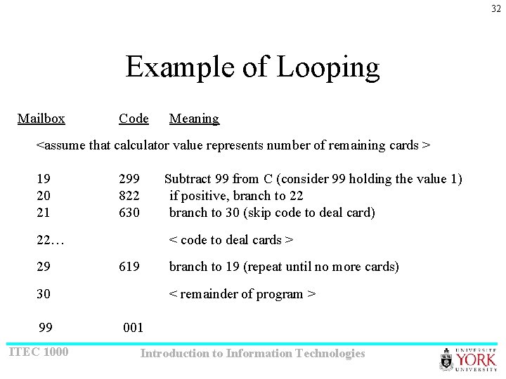 32 Example of Looping Mailbox Code Meaning <assume that calculator value represents number of